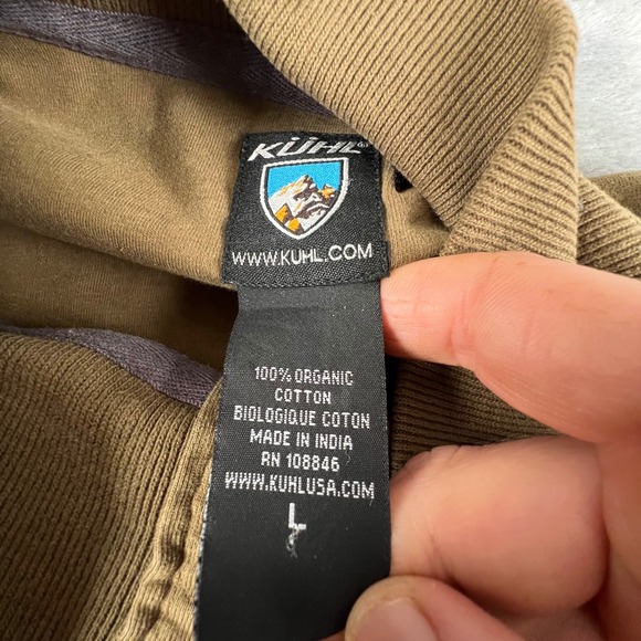 KUHL Long Sleeve Pullover Mock Neck Henley Shirt Khaki Mens Size L Cotton Gorp - Picture 7 of 15